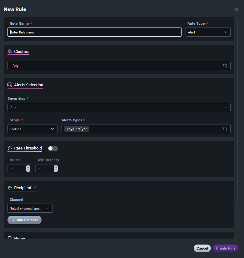 Screenshot of the WEKA Observe alert configuration screen showing threshold controls at the cluster and node level, sensitivity tuning options, and notification routing settings with integrations for Slack, PagerDuty, and email.