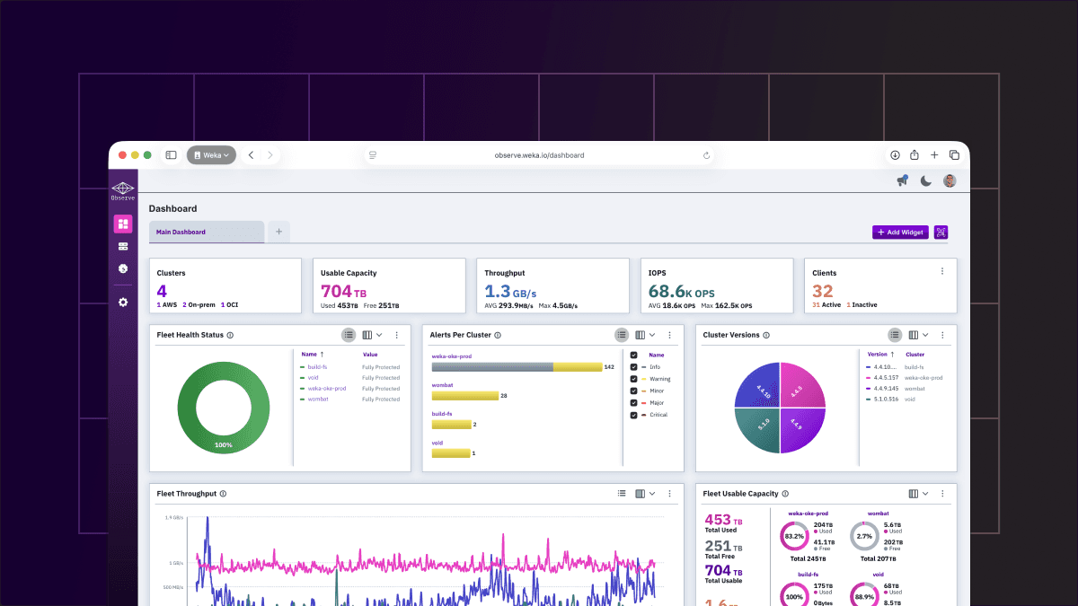 A software dashboard displaying system performance and capacity metrics with various charts, including health status and alerts.