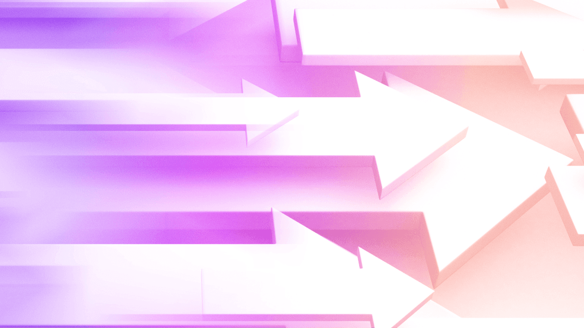 White arrows pointing right against a purple and orange gradient background, with motion blur.