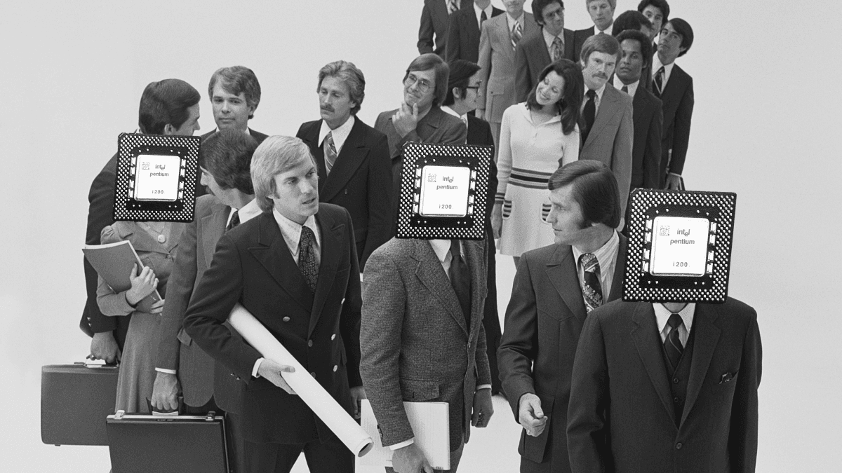 Black and white photo of business people in a queue, some with Intel Pentium 120 chips as heads.