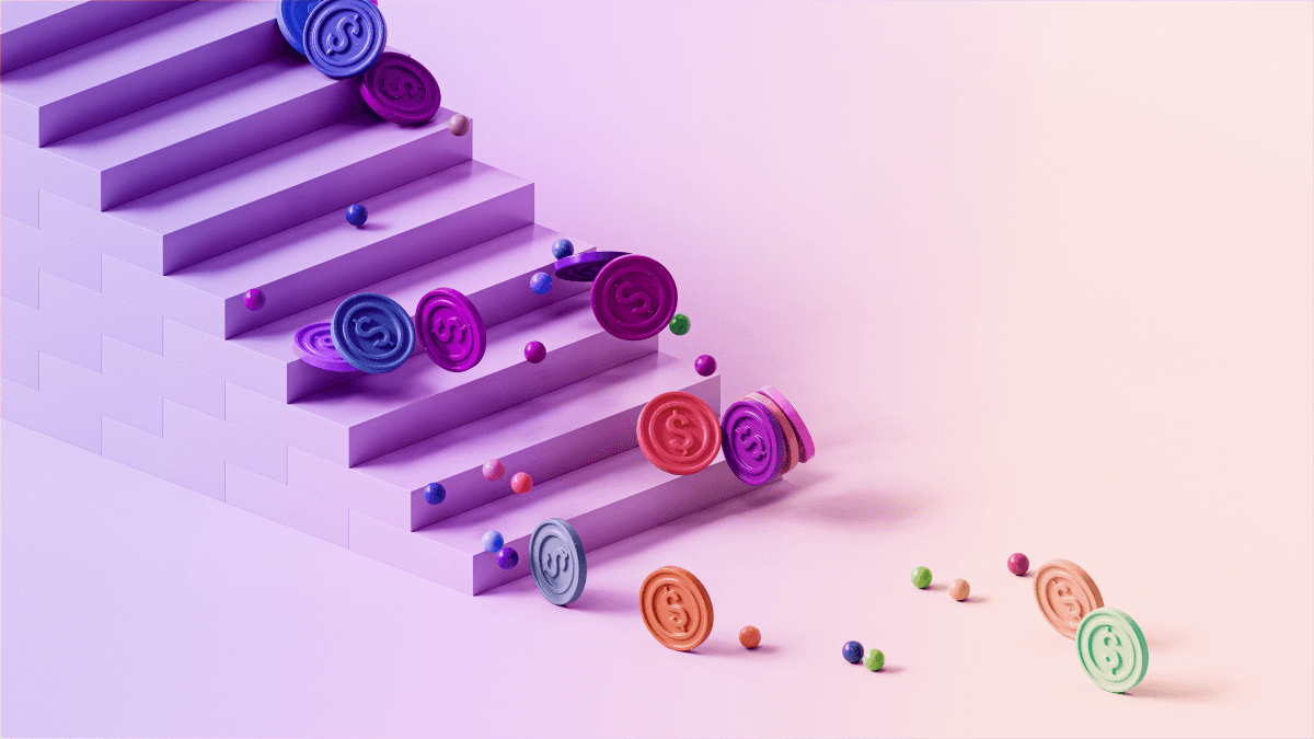 Colorful dollar coins and small spheres roll down a purple staircase.