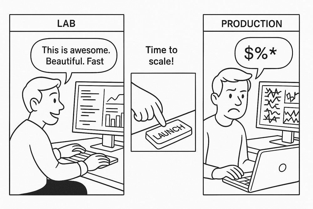 Three-panel comic strip illustrating the challenges of scaling AI. Panel one, labeled “LAB,” shows a developer saying, “This is awesome. Beautiful. Fast.” Panel two shows a hand pressing a button labeled “LAUNCH” with the speech bubble, “Time to scale!” Panel three, labeled “PRODUCTION,” shows the same developer now frustrated and cartoon-swearing. The comic highlights how AI models that perform well in testing often struggle when deployed at production scale.